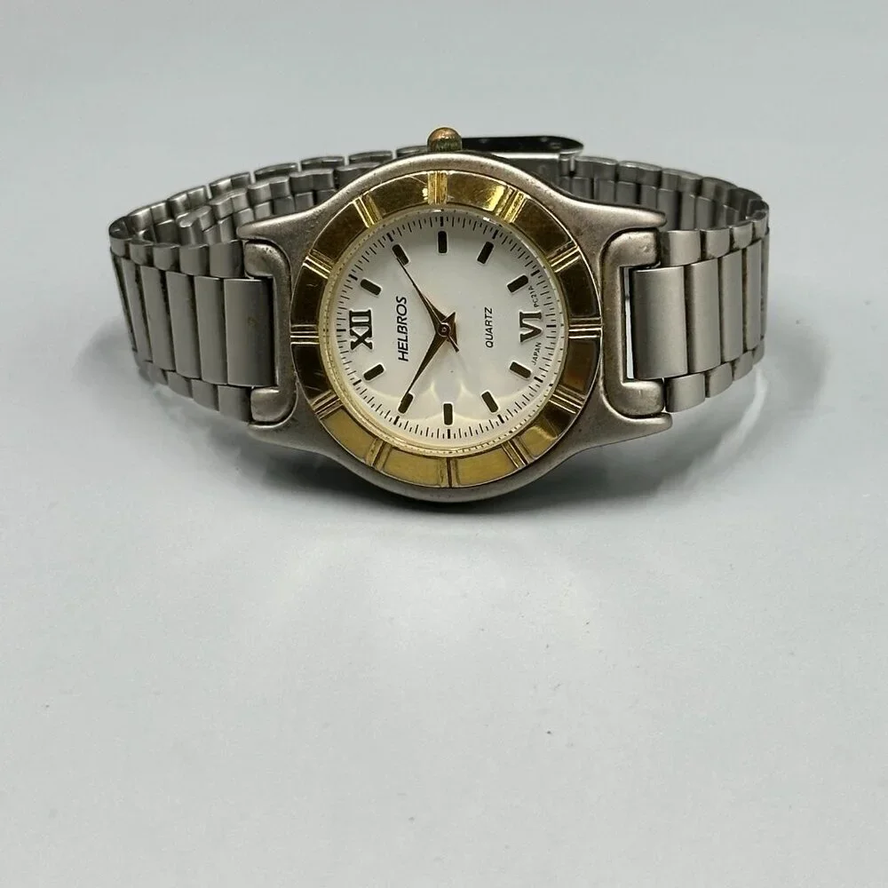 Vintage Helbros Watch Men Silver Gold Two Tone White Dial New Battery 8.5 Inch